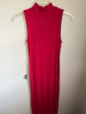 Long Red Ribbed Midi Dress Size Medium Sexy Slinky Mock Neck Date Night